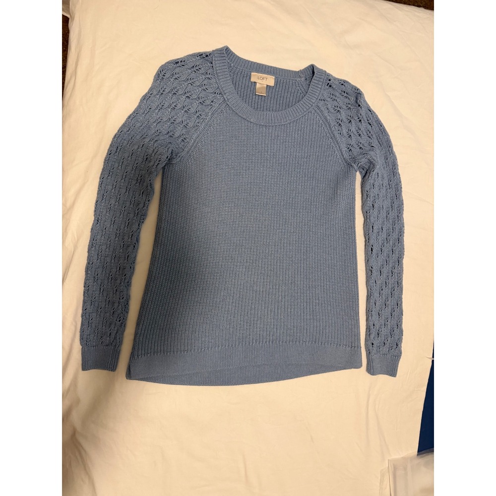 LOFT Women Light Blue Pointelle Sleeve Knit Pullover Sweater Size S Cotton Blend